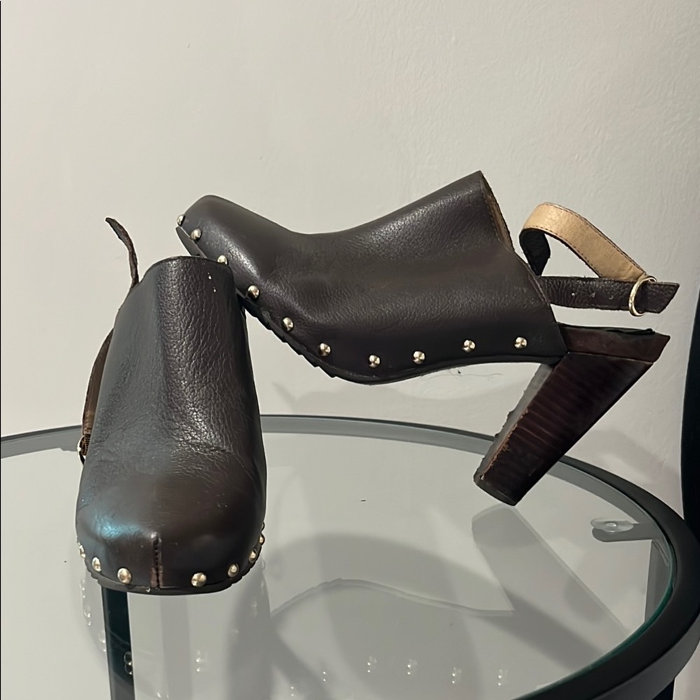 Brown Leather Studded Slingback Clogs